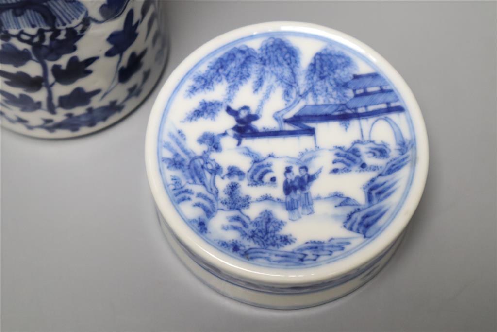 A Chinese blue and white seal paste box and cover, Yongzheng mark but 19th century, and a blue and white cylindrical dragon sleeve vase